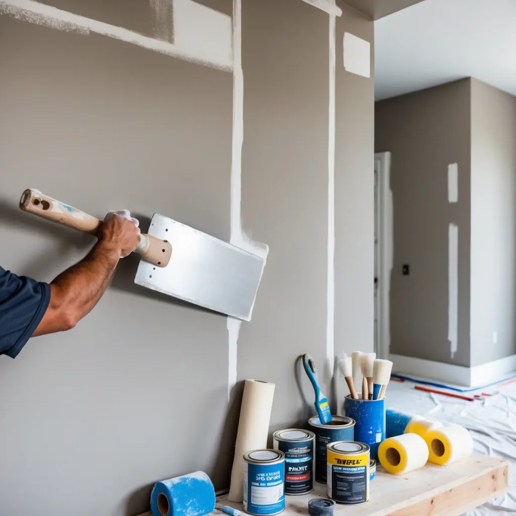 Professional drywall tools and materials including joint compound, drywall tape, and a mud knife laid out in a Wilkes-Barre, PA workspace.