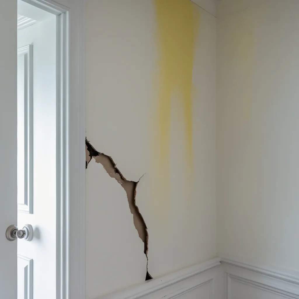 Interior wall showing cracks, a water stain, and a hole in a Wilkes-Barre home needing professional drywall repair.