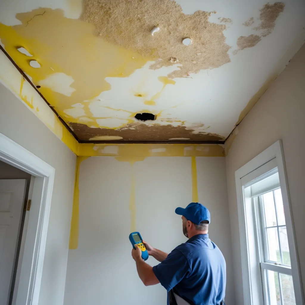 Contractor inspecting water-damaged ceiling drywall with a moisture meter in a residential home in Wilkes-Barre, PA.