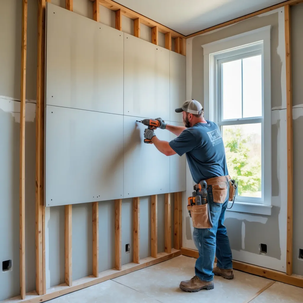 Professional drywall contractor fastening sheetrock panels to wall framing during a drywall installation in Wilkes-Barre, PA.