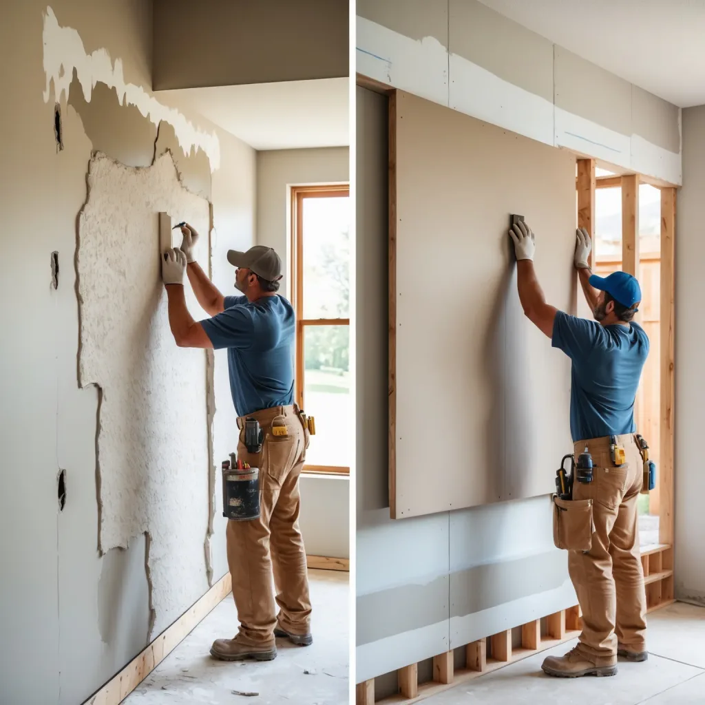 Side-by-side comparison of drywall repair patch work and new drywall panel installation in a Wilkes-Barre, PA home.